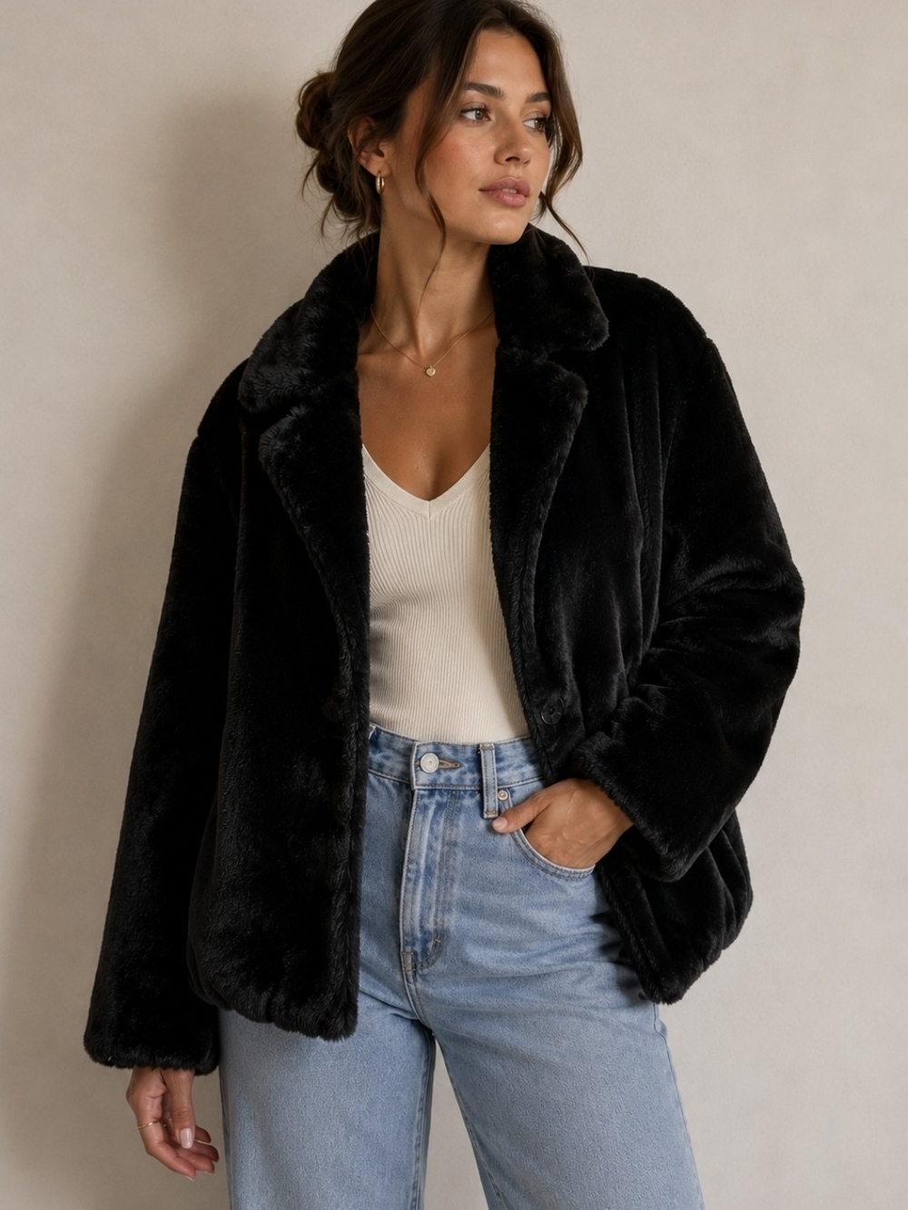 Ambiance Outerwear Black Fake Faux Fur Jacket – Size Large
